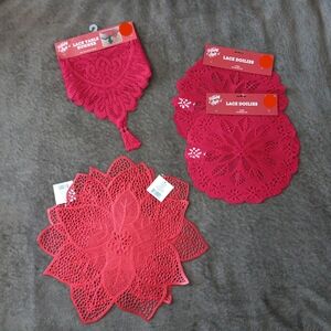 Red Lace Doilies and Table Runner Set